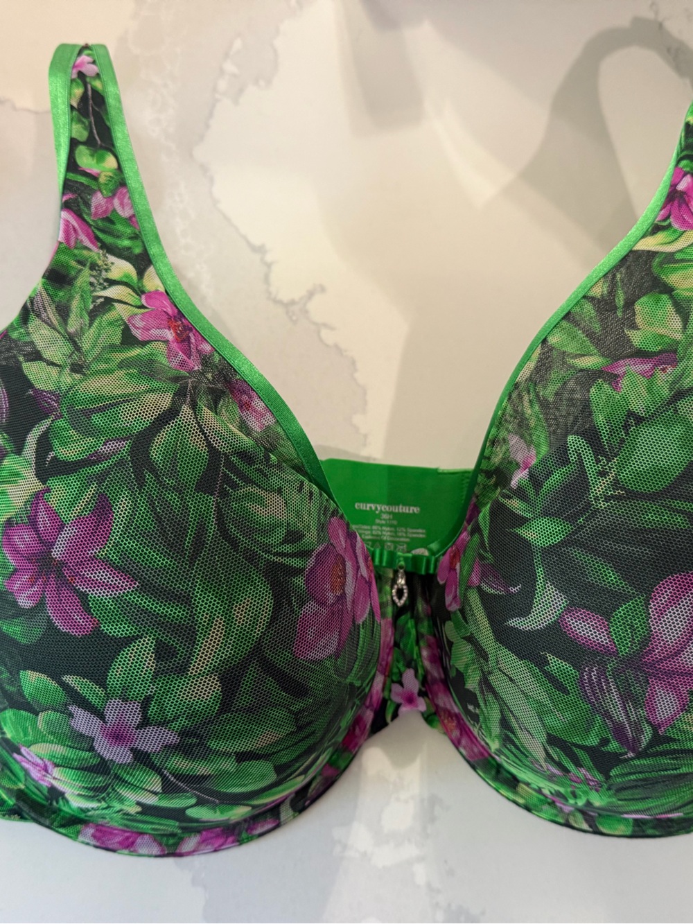 Curvy Couture Green and Pink Floral Full Coverage Bra